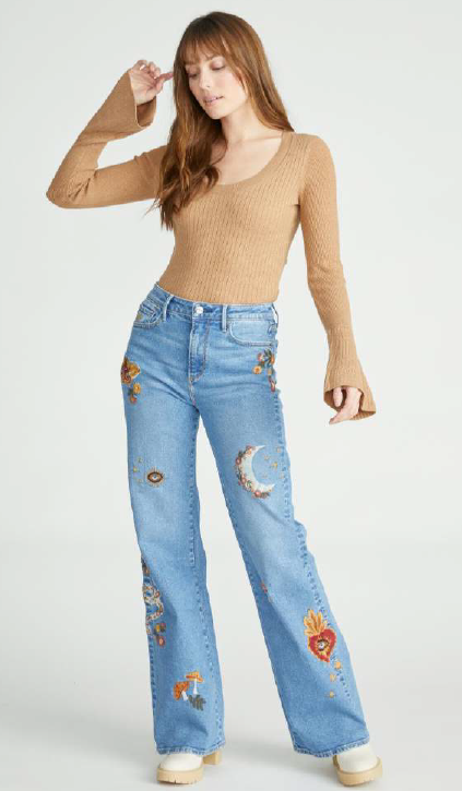 DRIFTWOOD Wide Leg Jeans CHARLEE Light Wash Embroidery